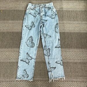 Pacsun - high rise straight medium wash with butterfly print - button fly - 25